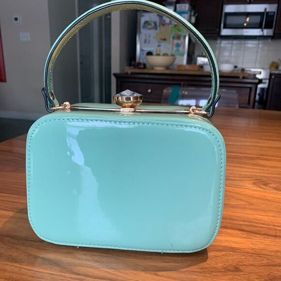 Purse, handbag, EUC, quilted turquoise vegan patent leather, holds phone - Picture 2 of 16
